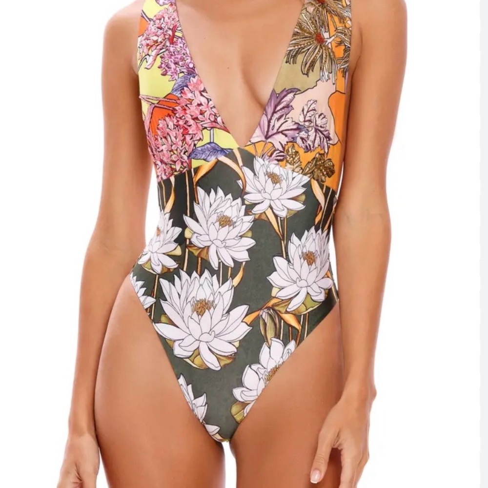 Aqua Bendida Beaded Floral Plunge One-Piece Swimsuit  XL
